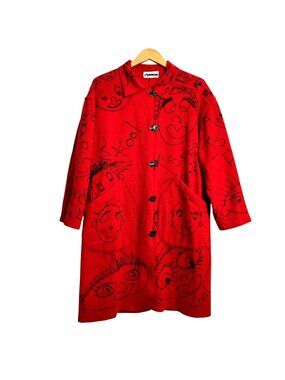 J J Hobeau Red Wool Graffiti Artsy Wearable Art Eclectic Long Coat Vintage